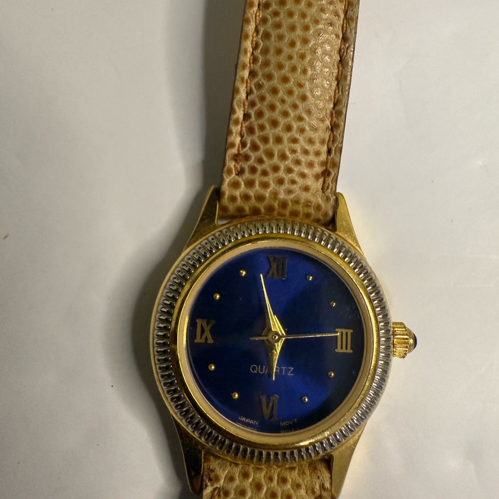 Gold and Blue Quartz Watch with Tan Strap